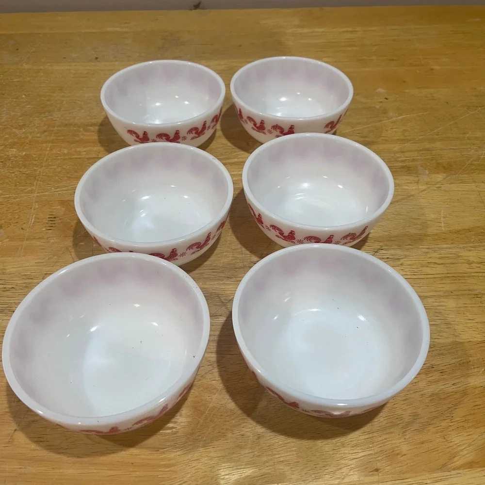Vtg Hazel Atlas Red Rooster Milk Glass Fruit Bowls‎ Set of 6 Mid Century Modern